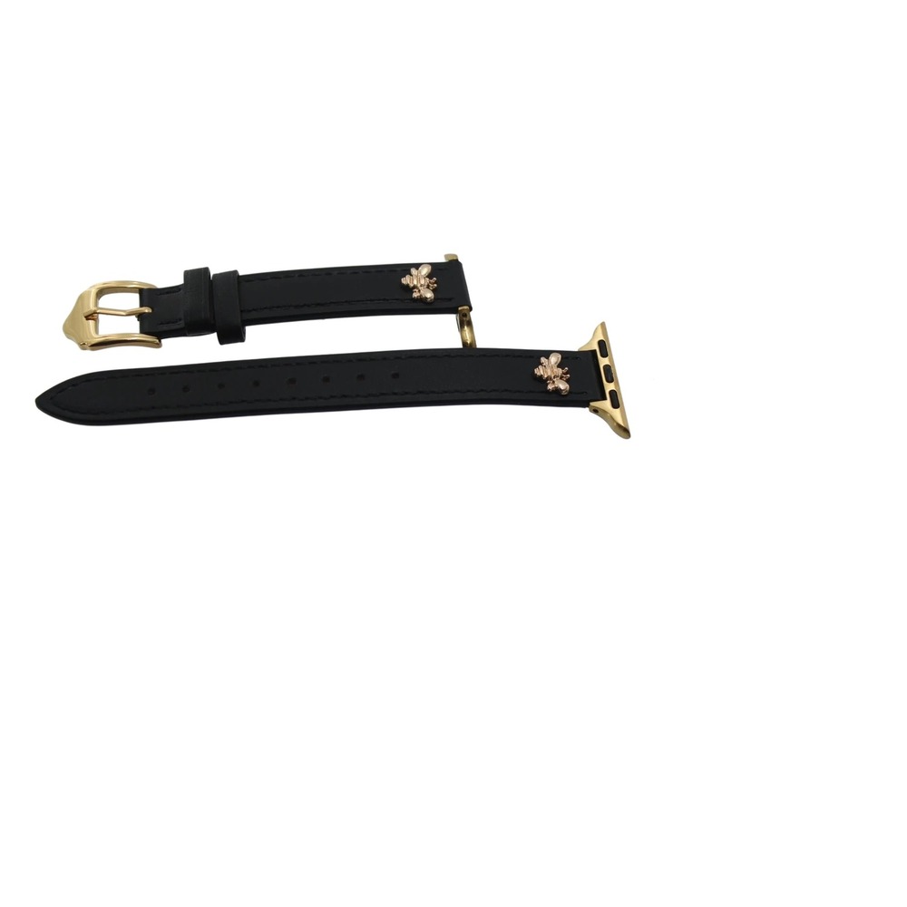 Black Leather Bee Watch Band for Apple Watch 38/40/41mm Gold Clasp Slim Strap